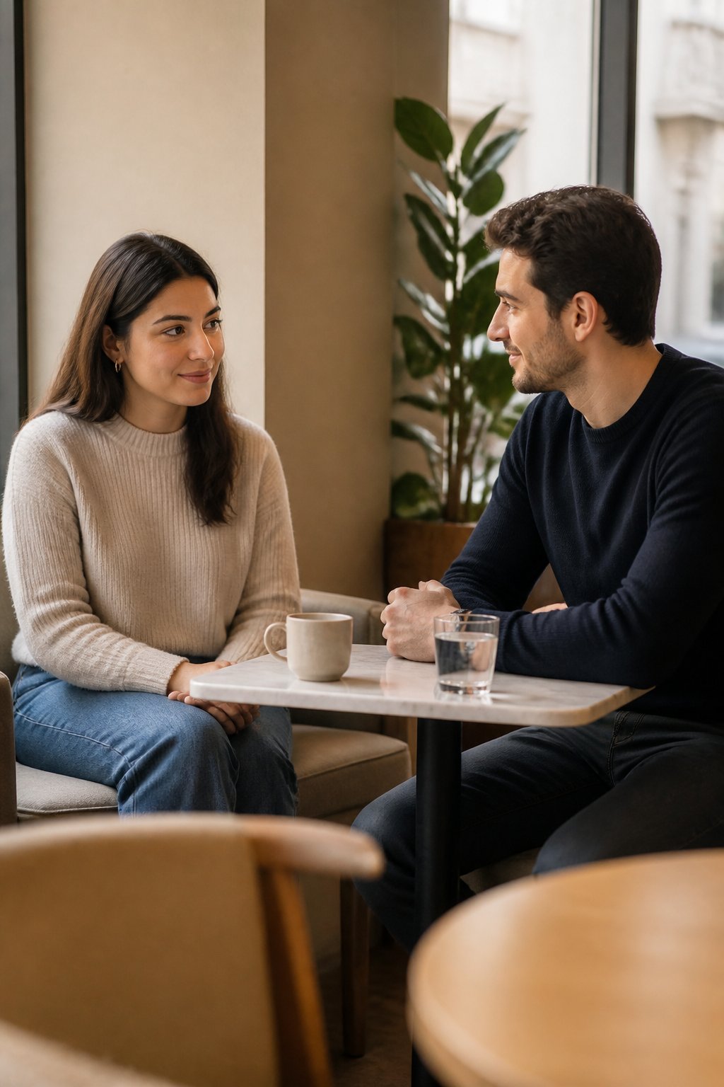 A reserved woman meets a supportive man in a quiet café, sitting with respectful distance and calm body language.