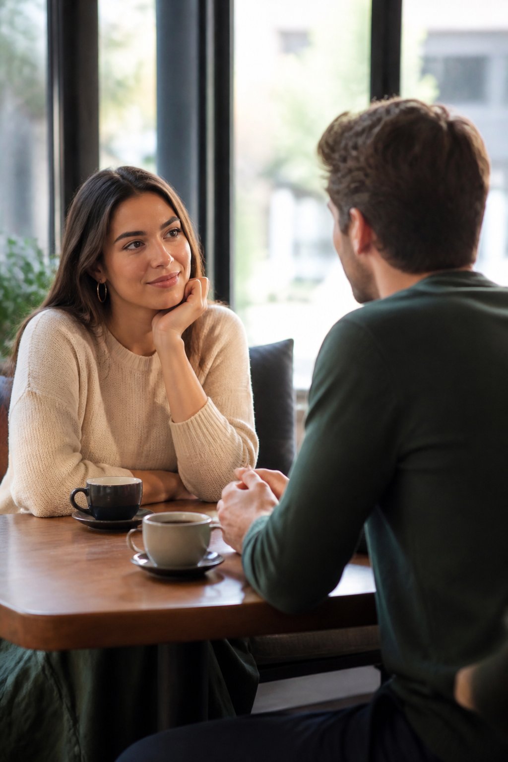 A calm man and a slightly guarded woman sit across from each other in a quiet café, speaking respectfully with comfortable space between them.
