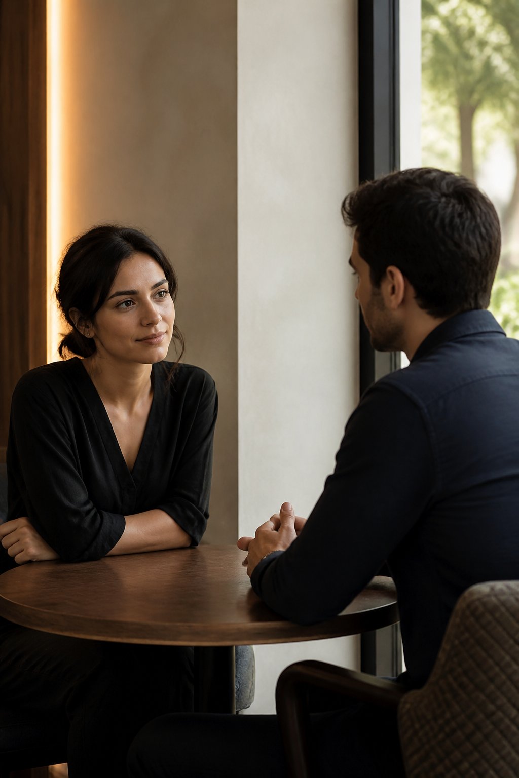 A reserved woman meets a calm, attentive man in a quiet café.