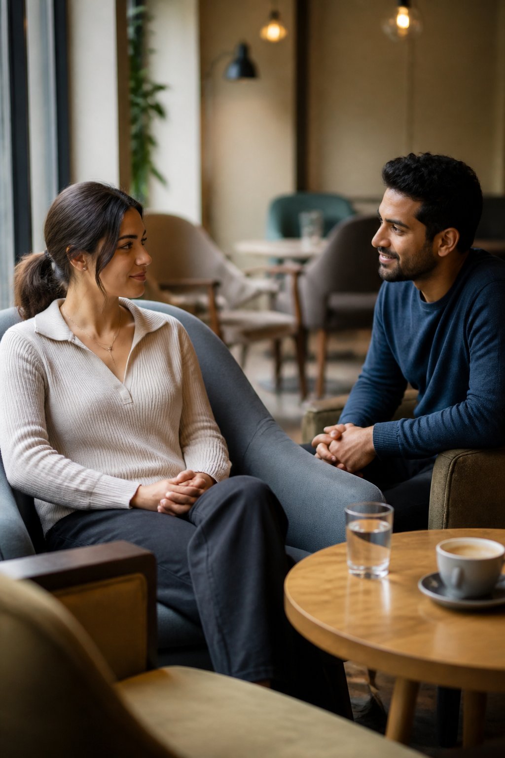 A reserved woman and a considerate man have a calm first meeting in a welcoming café.