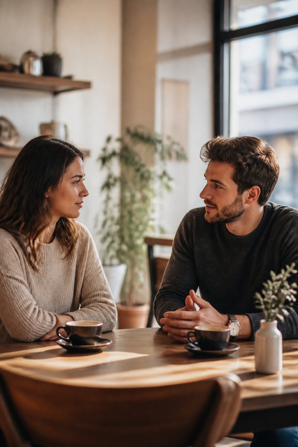 A reserved woman and a calm man have a respectful conversation in a warmly lit café.