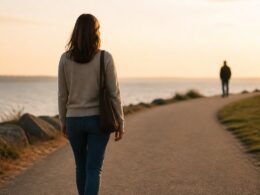 A person walks confidently along a sunlit path away from another distant figure.