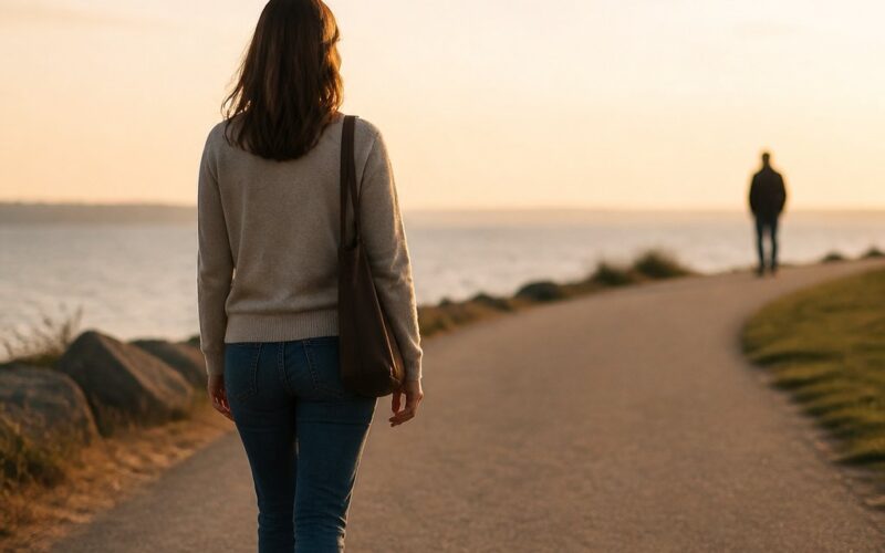 A person walks confidently along a sunlit path away from another distant figure.