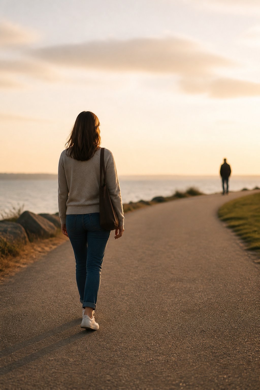 A person walks confidently along a sunlit path away from another distant figure.