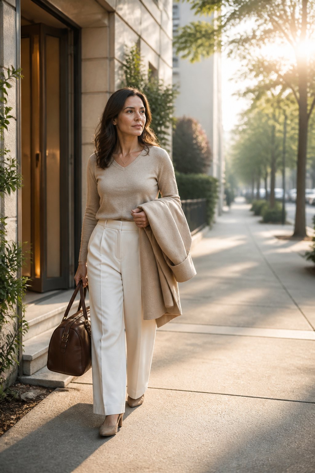 A woman walks away from an apartment building with a small bag, appearing calm and determined.