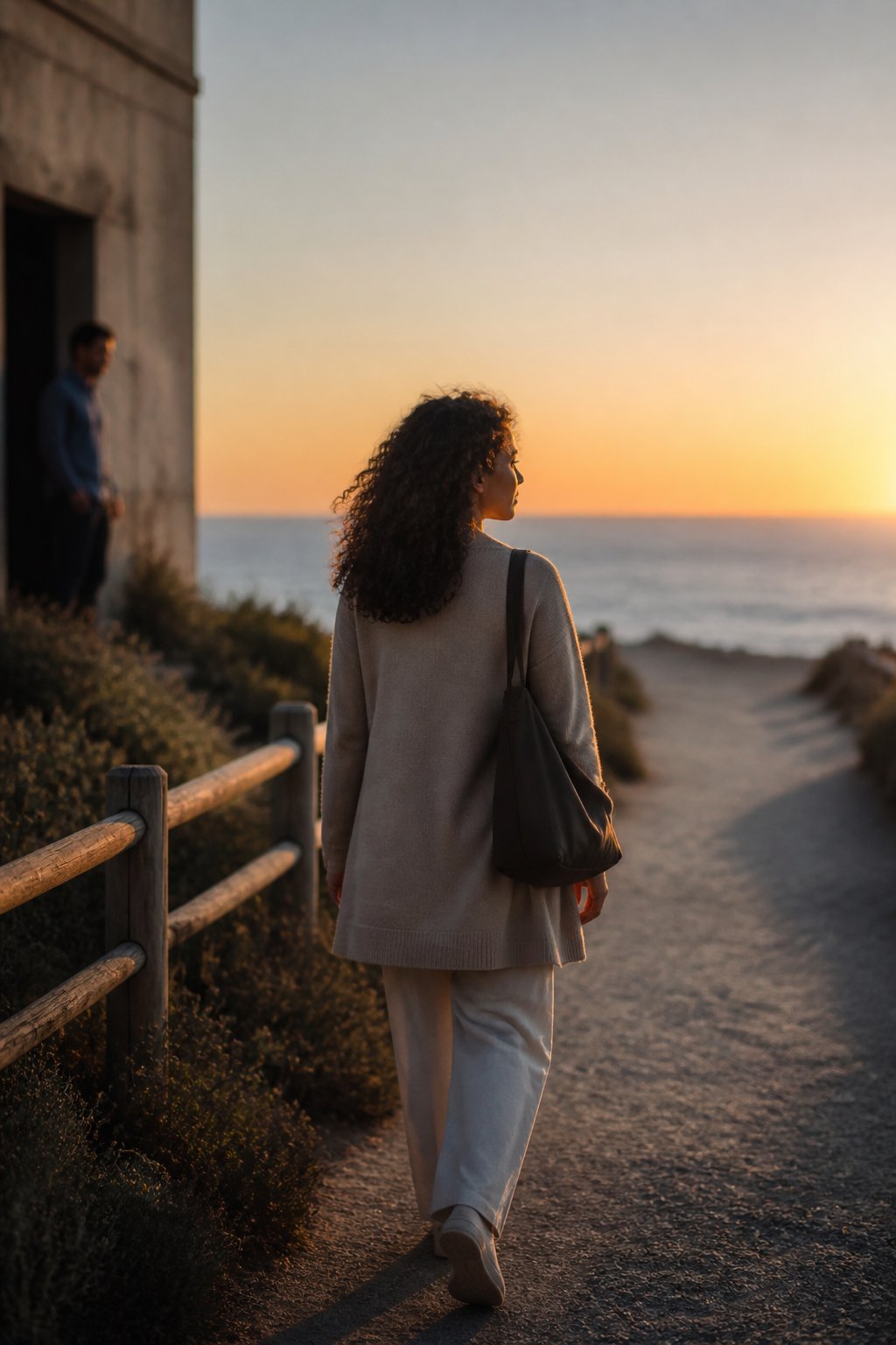A person calmly walks away from another figure near a shadowed doorway toward a bright open path.