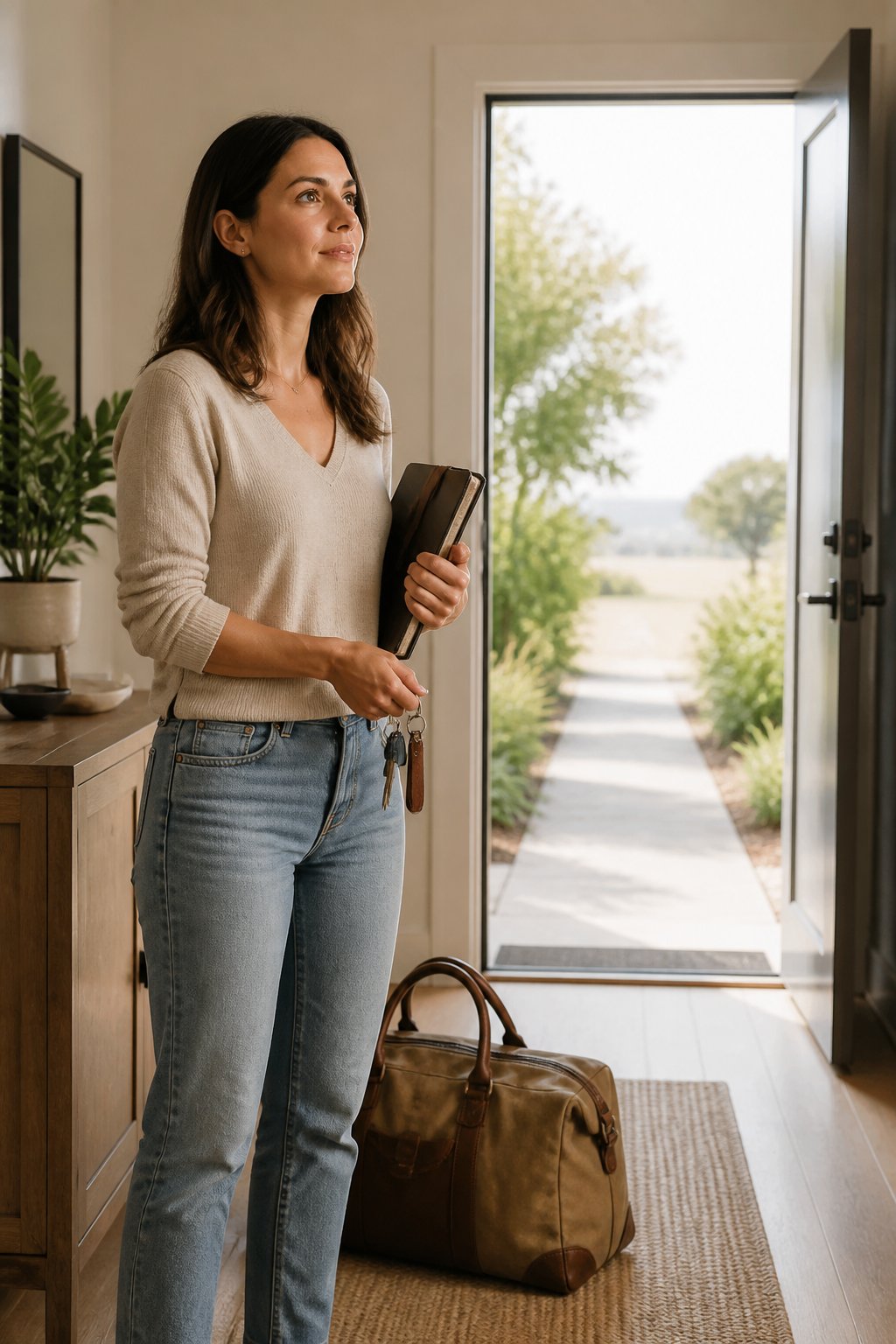 A person stands calmly by an open doorway with keys and a small bag, ready to move forward.