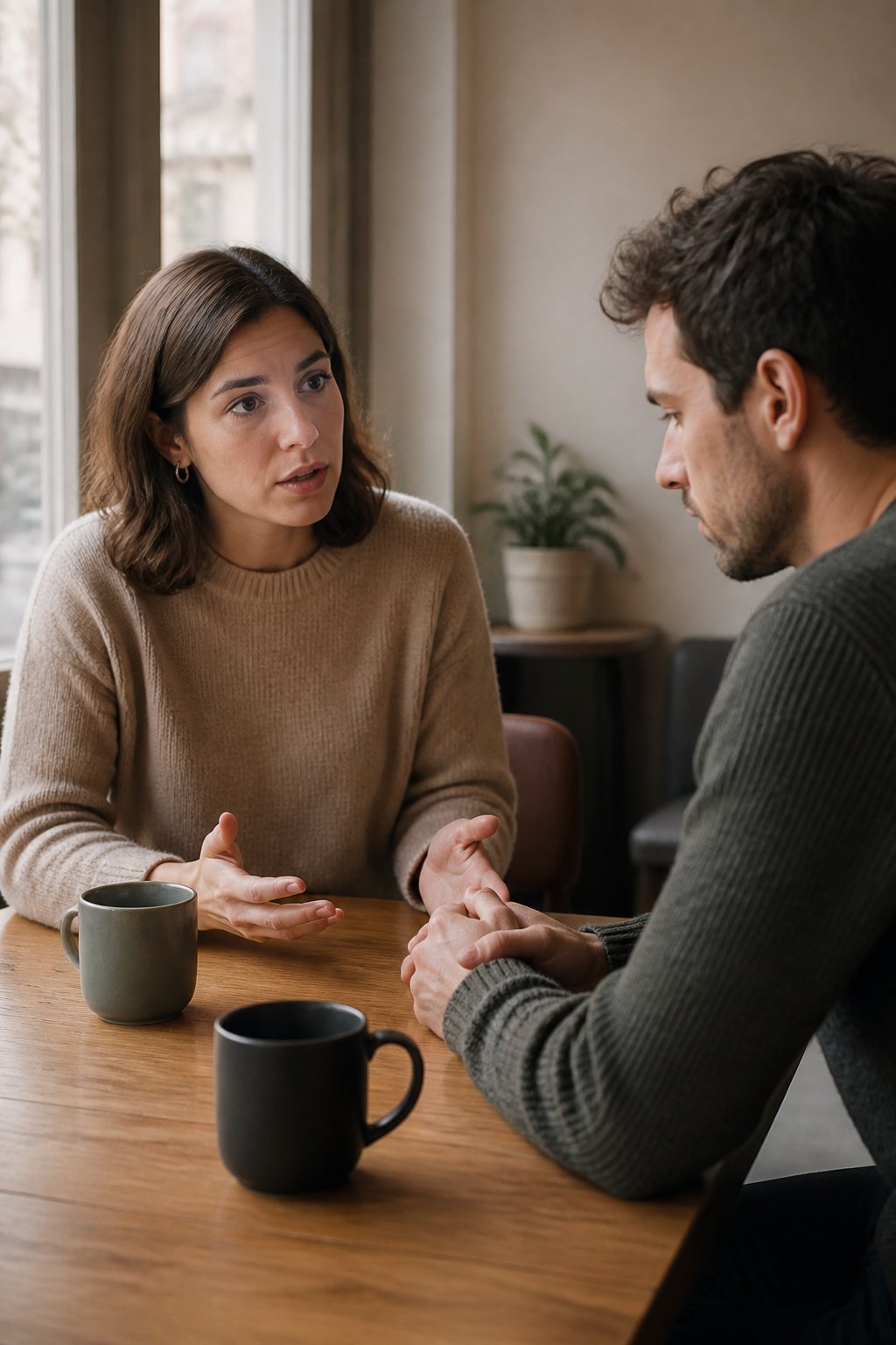 Two adults have a calm, serious breakup conversation while seated across from each other.