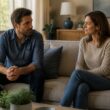 A couple sits apart in a softly lit living room, facing each other with cautious but hopeful expressions.