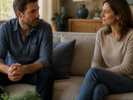 A couple sits apart in a softly lit living room, facing each other with cautious but hopeful expressions.