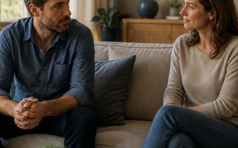 A couple sits apart in a softly lit living room, facing each other with cautious but hopeful expressions.