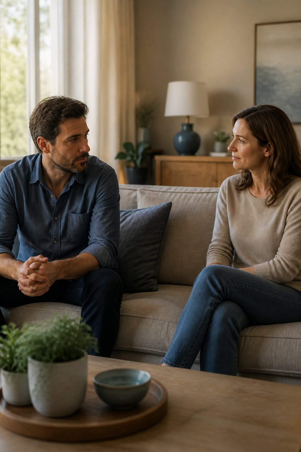 A couple sits apart in a softly lit living room, facing each other with cautious but hopeful expressions.