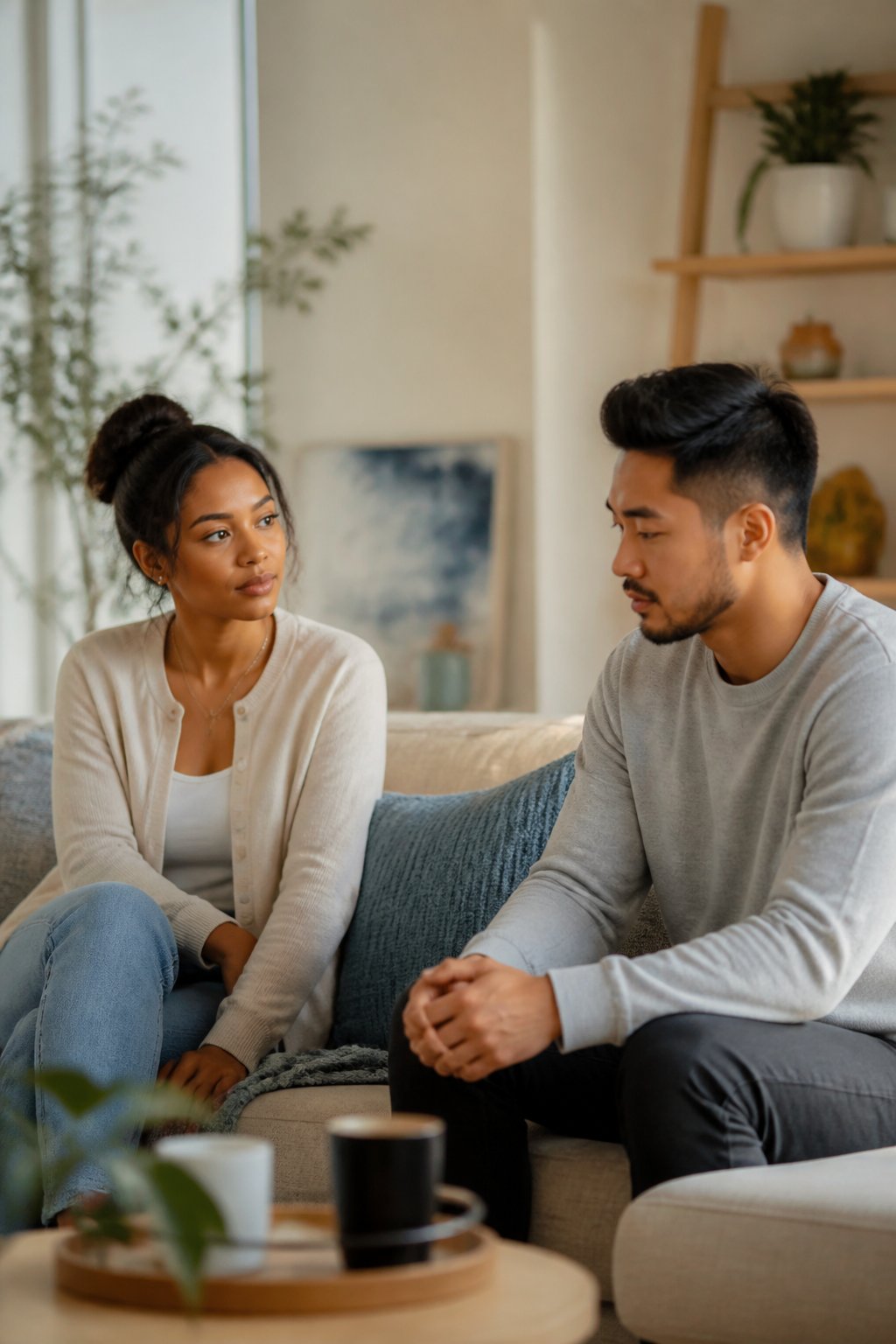 Two adults calmly communicating in a softly lit living room while giving each other respectful space.