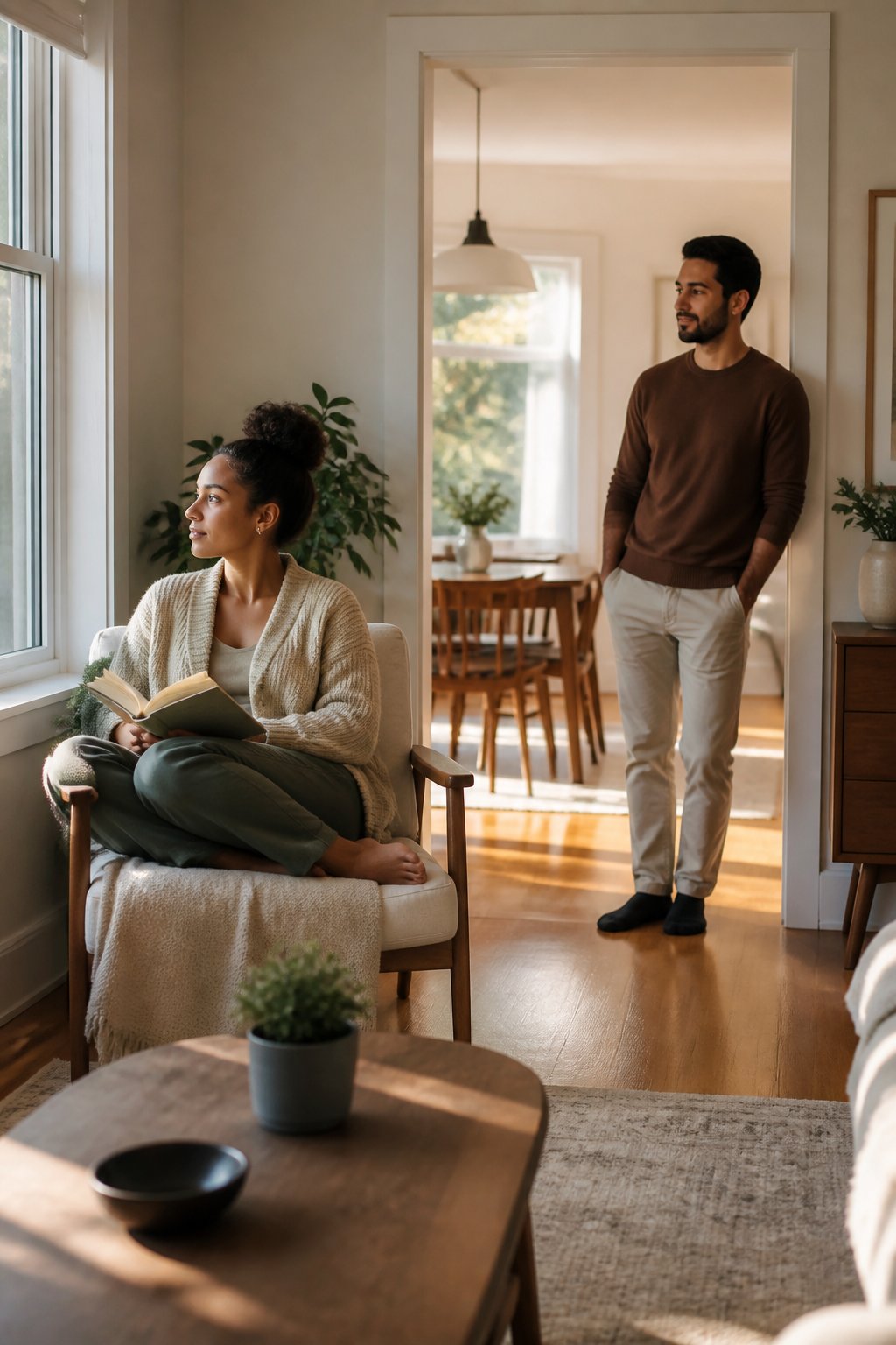 Two adults relax a few feet apart in a bright home, giving each other space while remaining calmly connected.