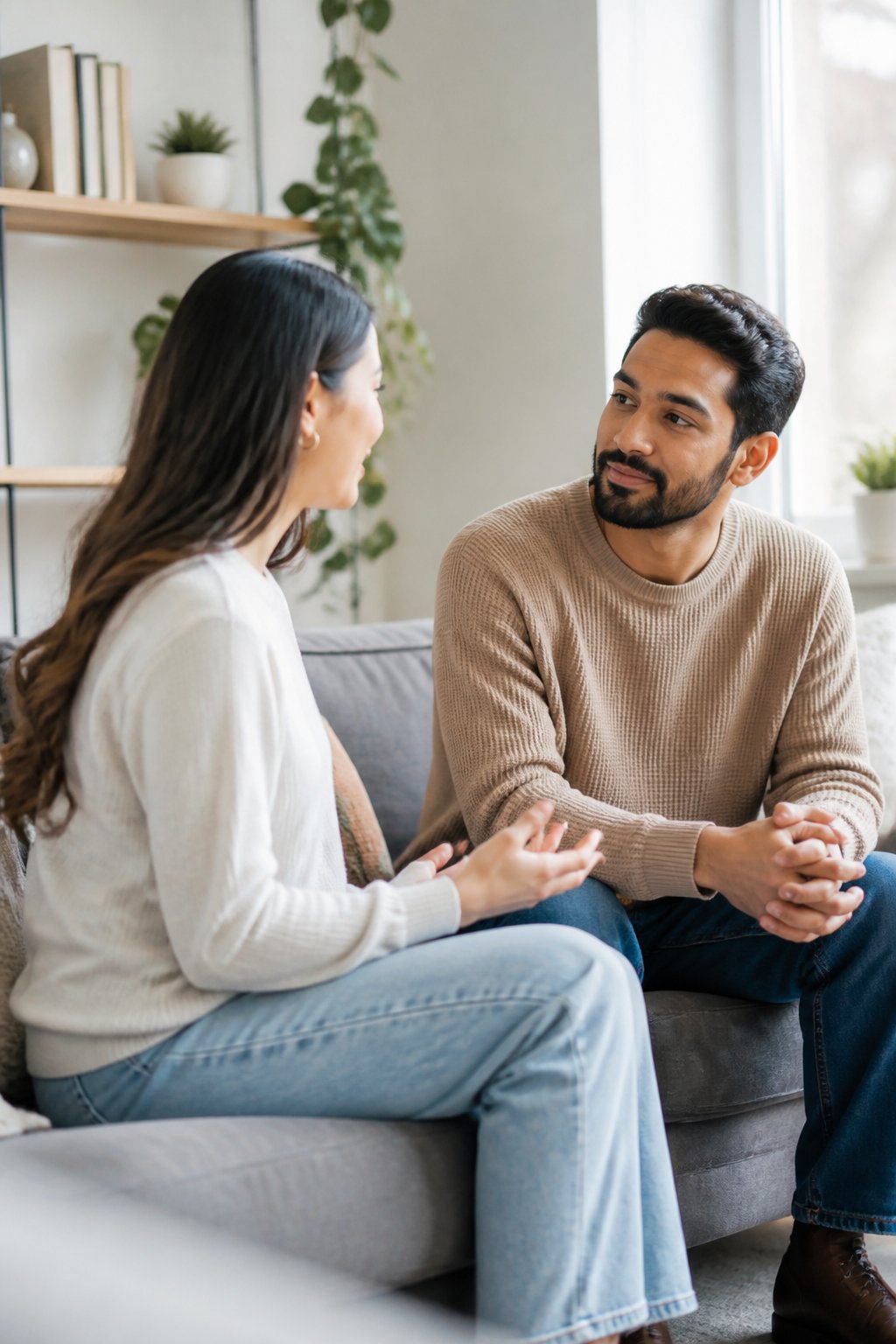 A couple sits together and has a calm, attentive conversation in a bright living room.