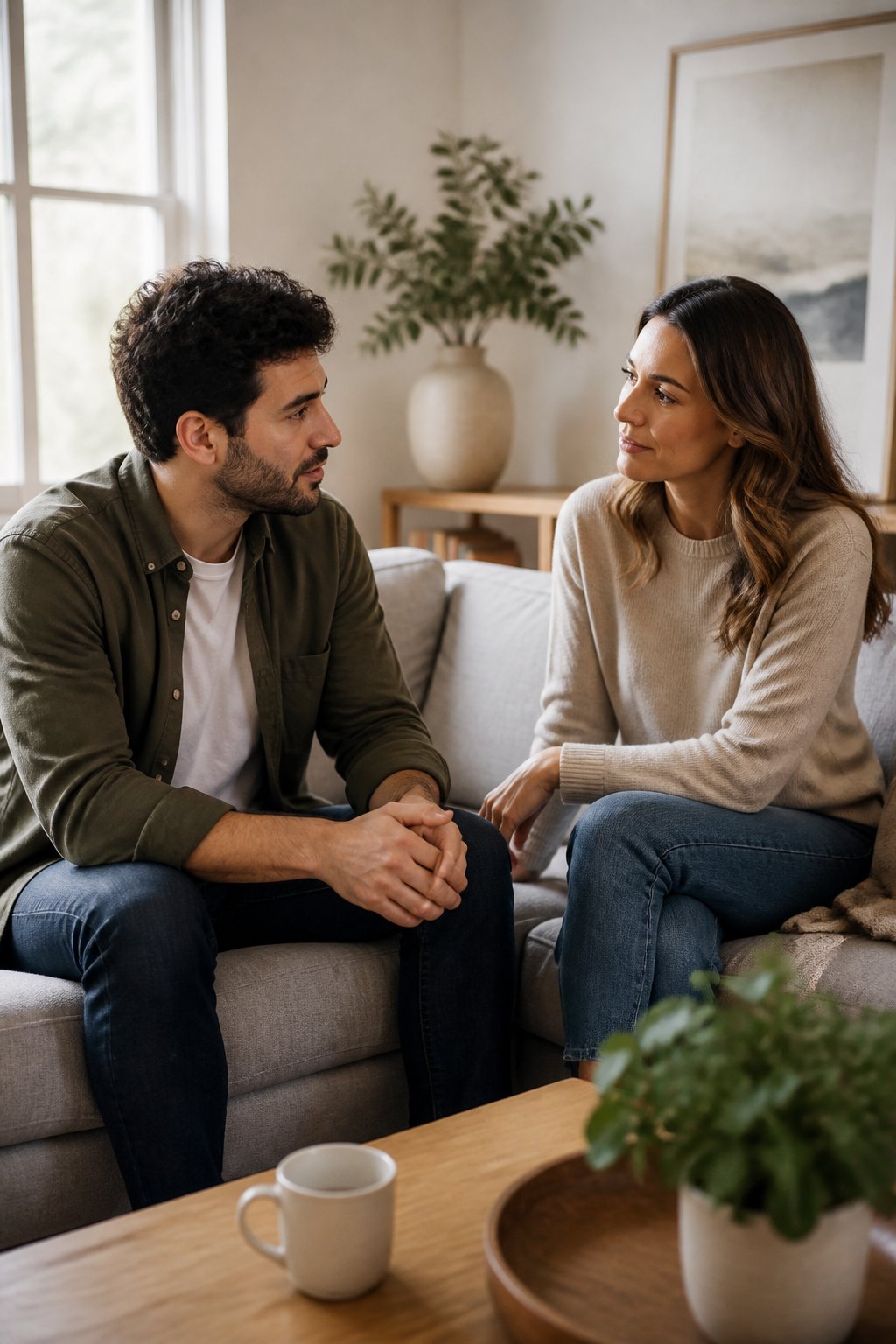 A couple sits together in a bright living room, calmly reconnecting while leaving gentle space between them.