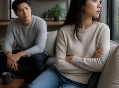 Two adults sit apart in a living room, one withdrawn and the other looking concerned.