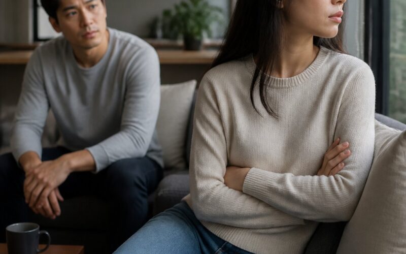 Two adults sit apart in a living room, one withdrawn and the other looking concerned.