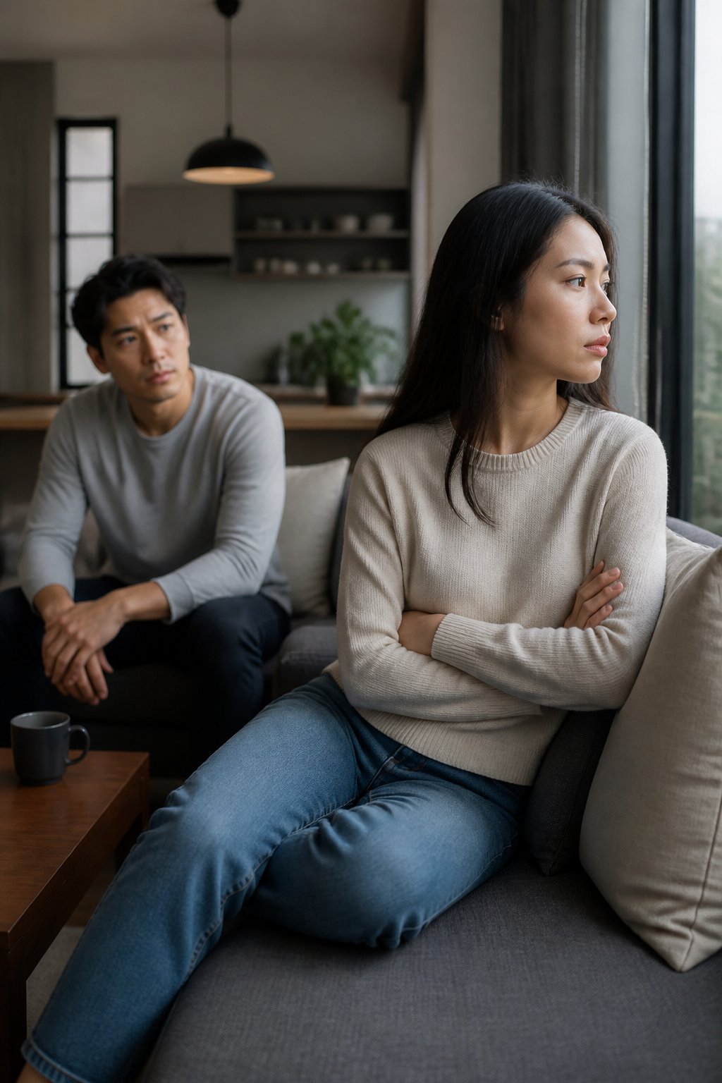Two adults sit apart in a living room, one withdrawn and the other looking concerned.