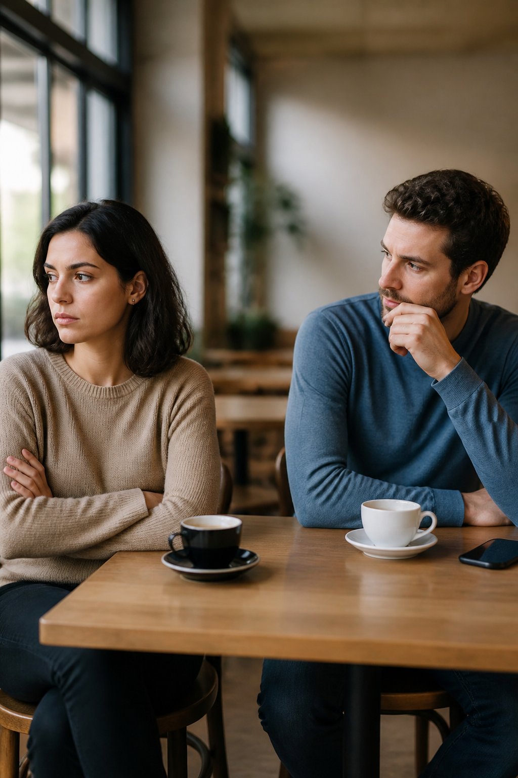 Two adults sit apart in a softly lit café, with one appearing emotionally guarded and the other looking thoughtful and uncertain.