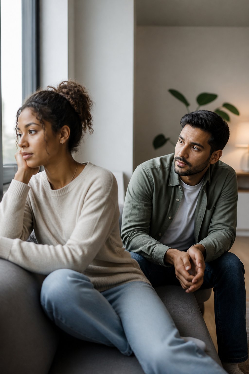 Two adults sit apart in a softly lit apartment, showing emotional distance during a difficult relationship moment.