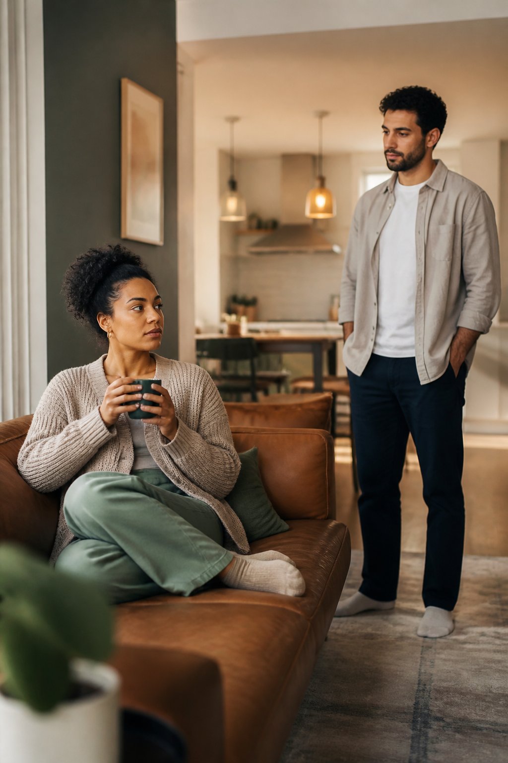 Two adults in a living room maintain respectful distance while one takes quiet personal space.