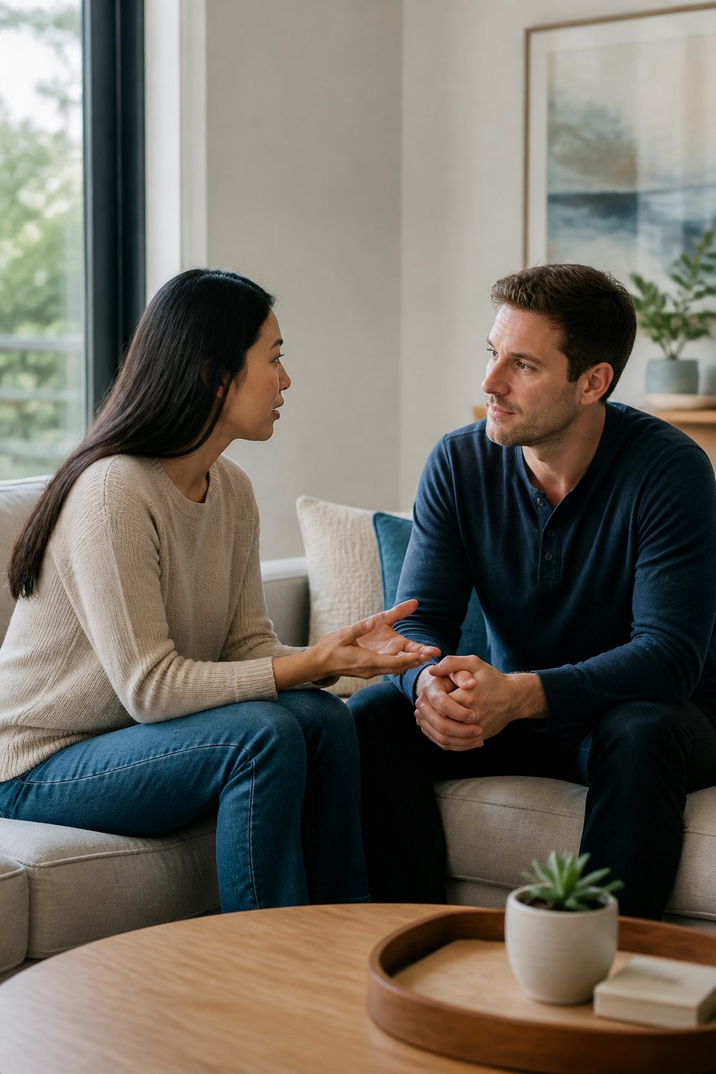 Two partners have a calm, attentive conversation in a bright living room.