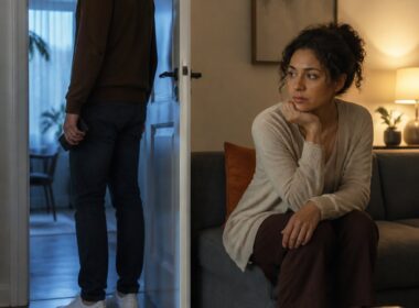 A couple sits apart in a modern apartment, with one person standing near an open doorway while the other looks uncertain on a sofa.