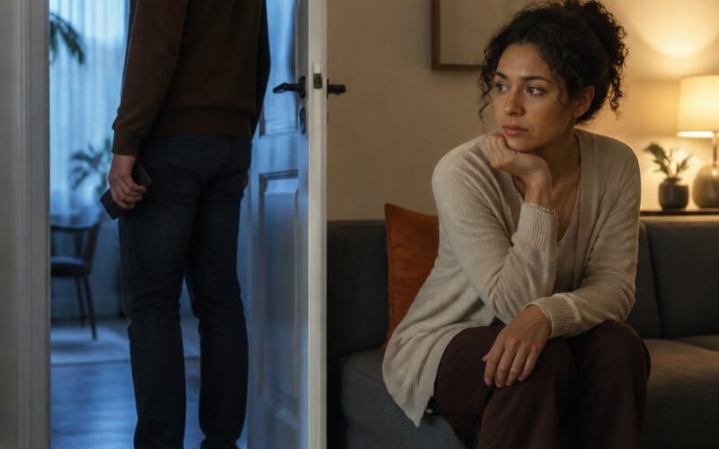 A couple sits apart in a modern apartment, with one person standing near an open doorway while the other looks uncertain on a sofa.