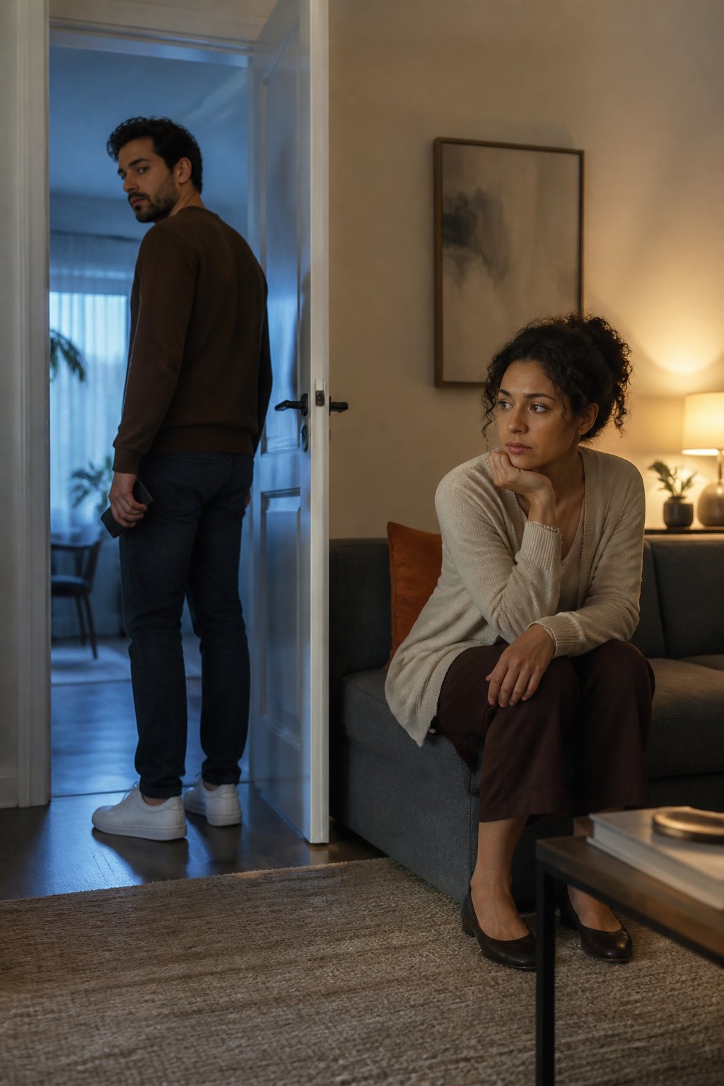 A couple sits apart in a modern apartment, with one person standing near an open doorway while the other looks uncertain on a sofa.
