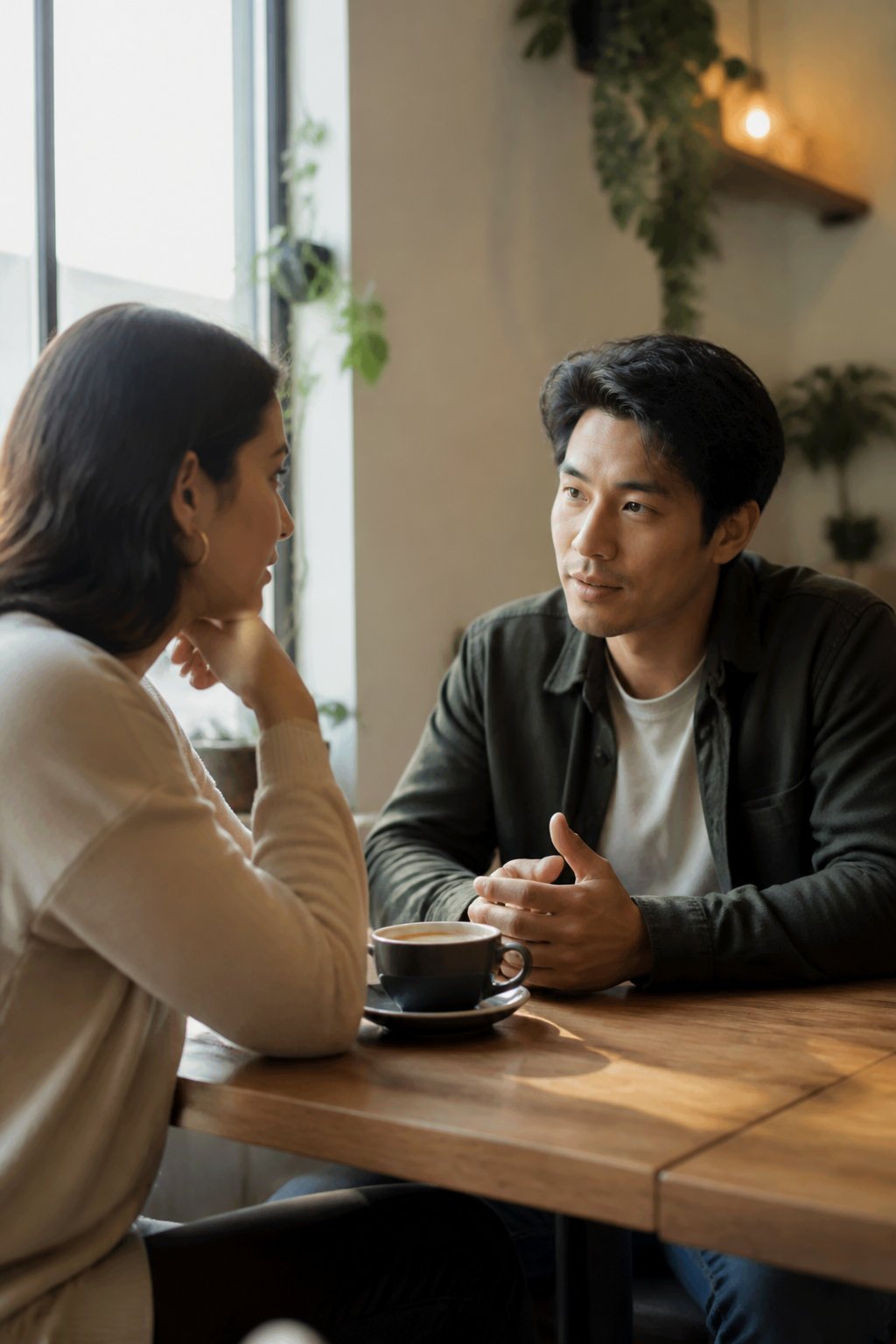 Two adults have a calm, respectful conversation in a warmly lit room.