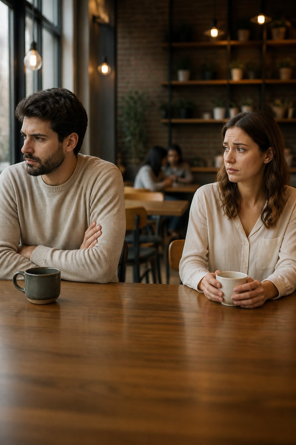 Two people sit apart at a café table, appearing emotionally distant and uncertain.
