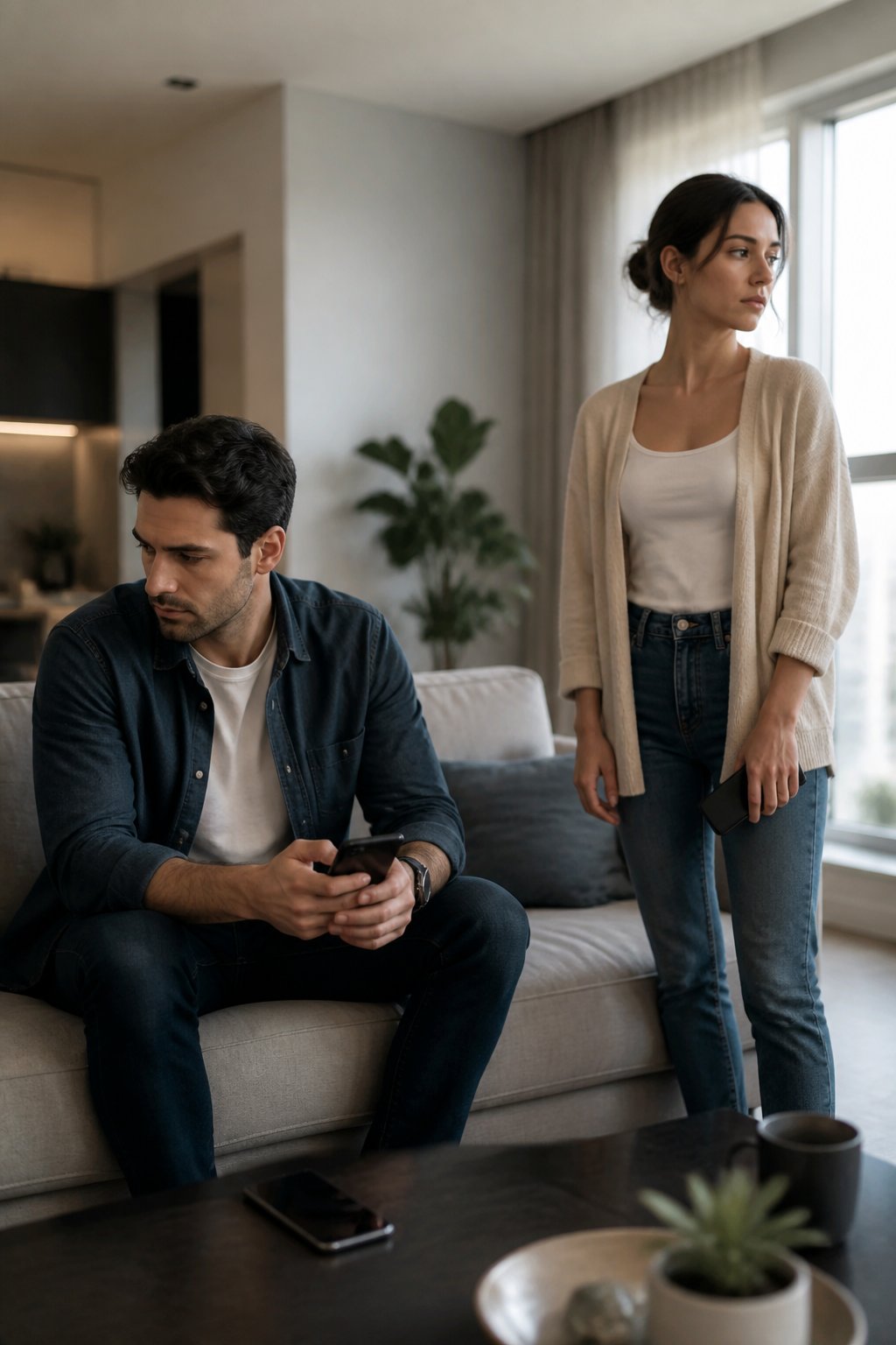 Two adults sit apart in a living room, appearing emotionally distant while holding smartphones.