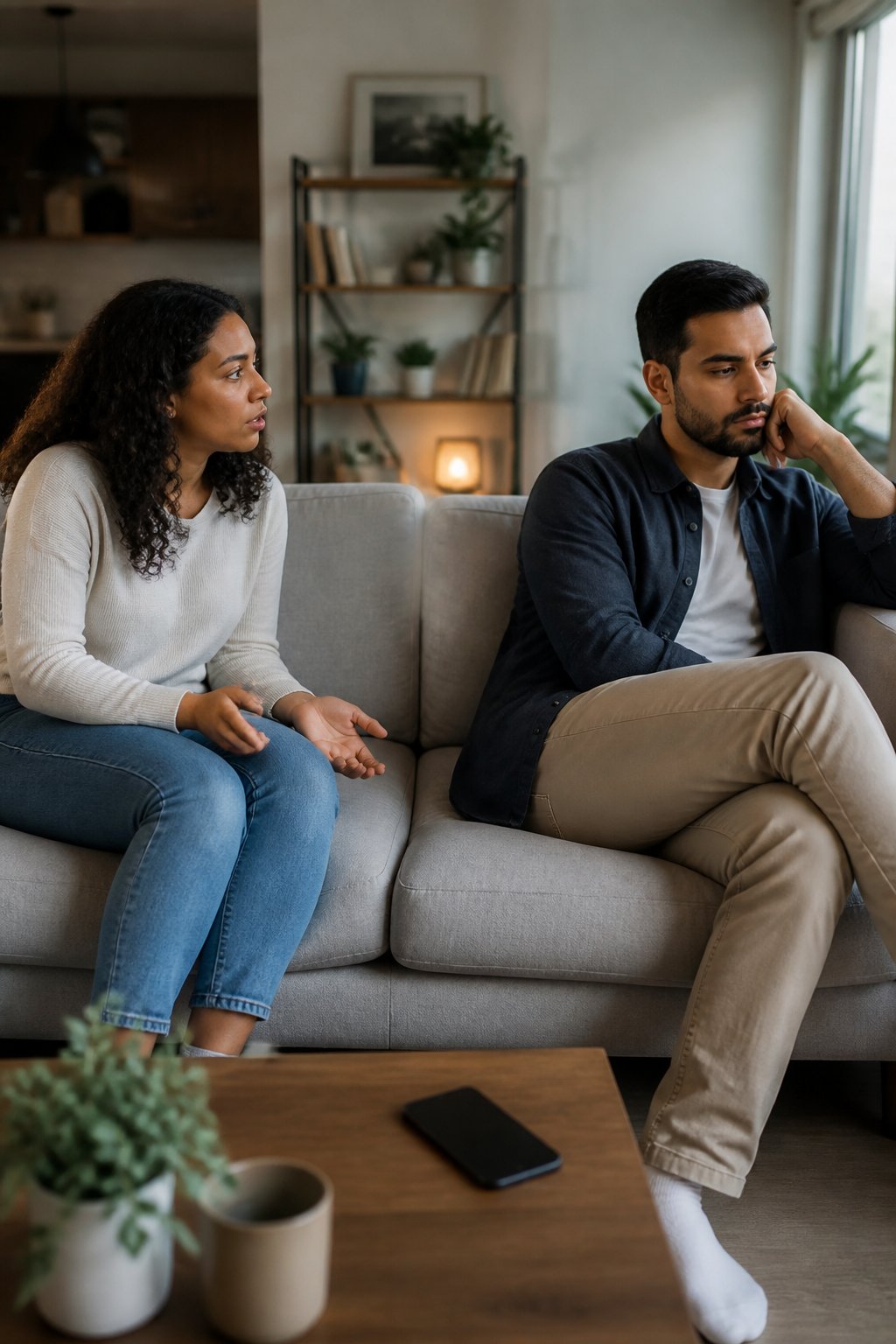A couple sits apart in a living room, with one partner seeking connection while the other appears emotionally withdrawn.