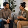 Two adults sit together and cautiously build trust while maintaining personal space.