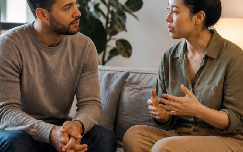 Two adults sit together and cautiously build trust while maintaining personal space.