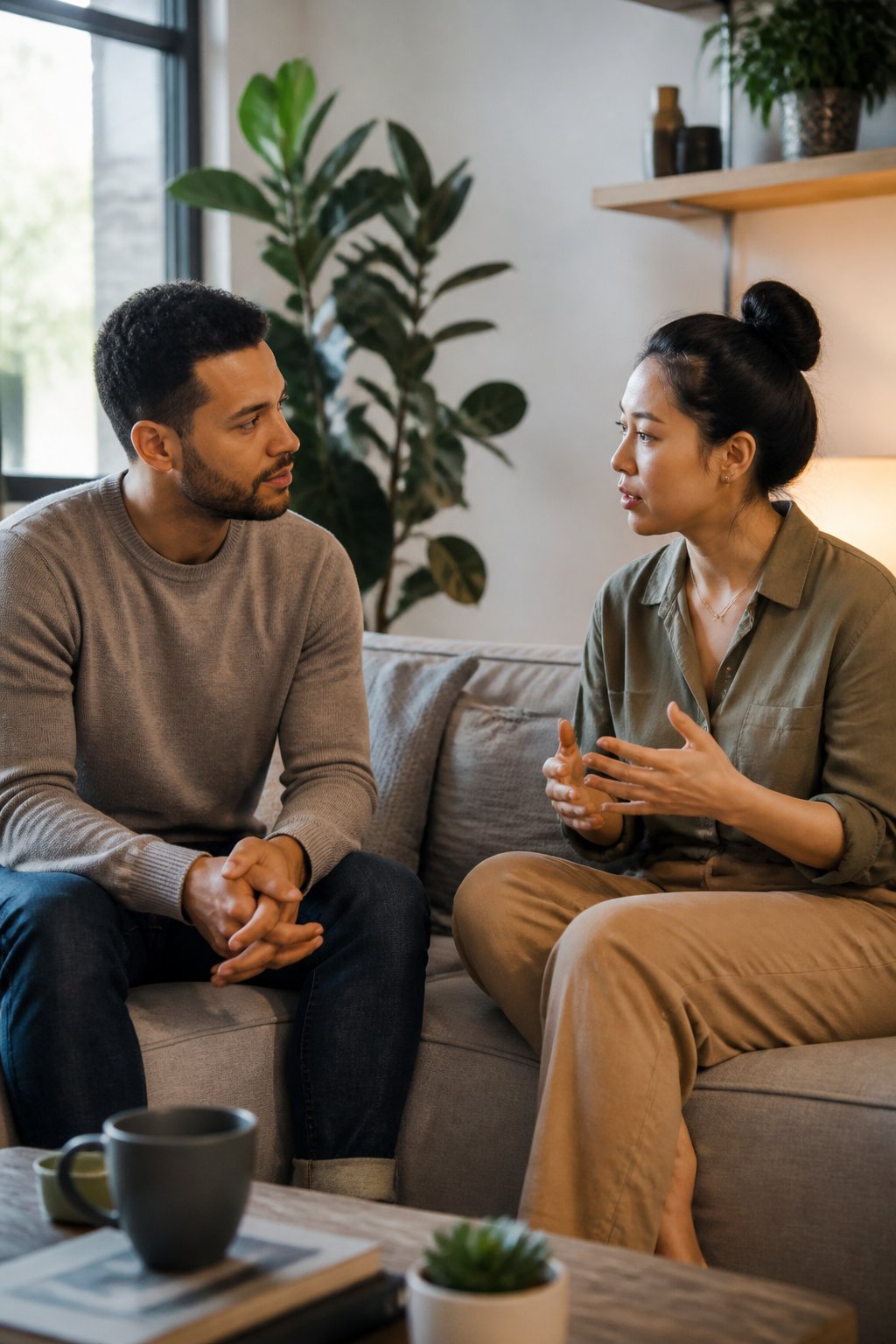 Two adults sit together and cautiously build trust while maintaining personal space.