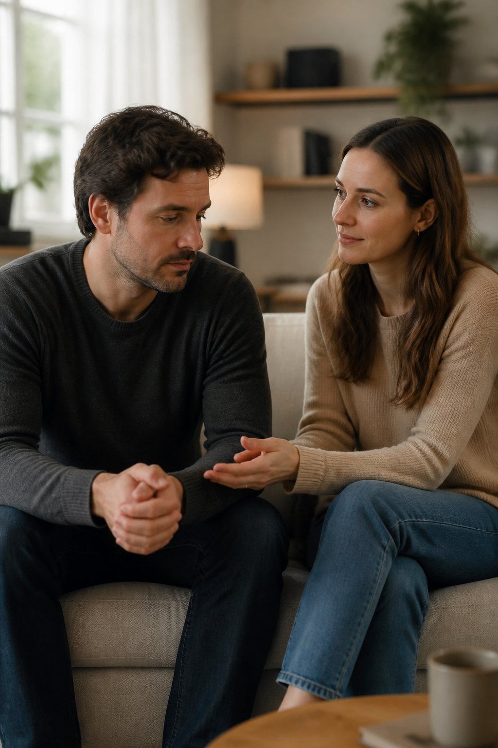 A reserved person and a supportive partner sit together on a sofa, showing trust and emotional connection.
