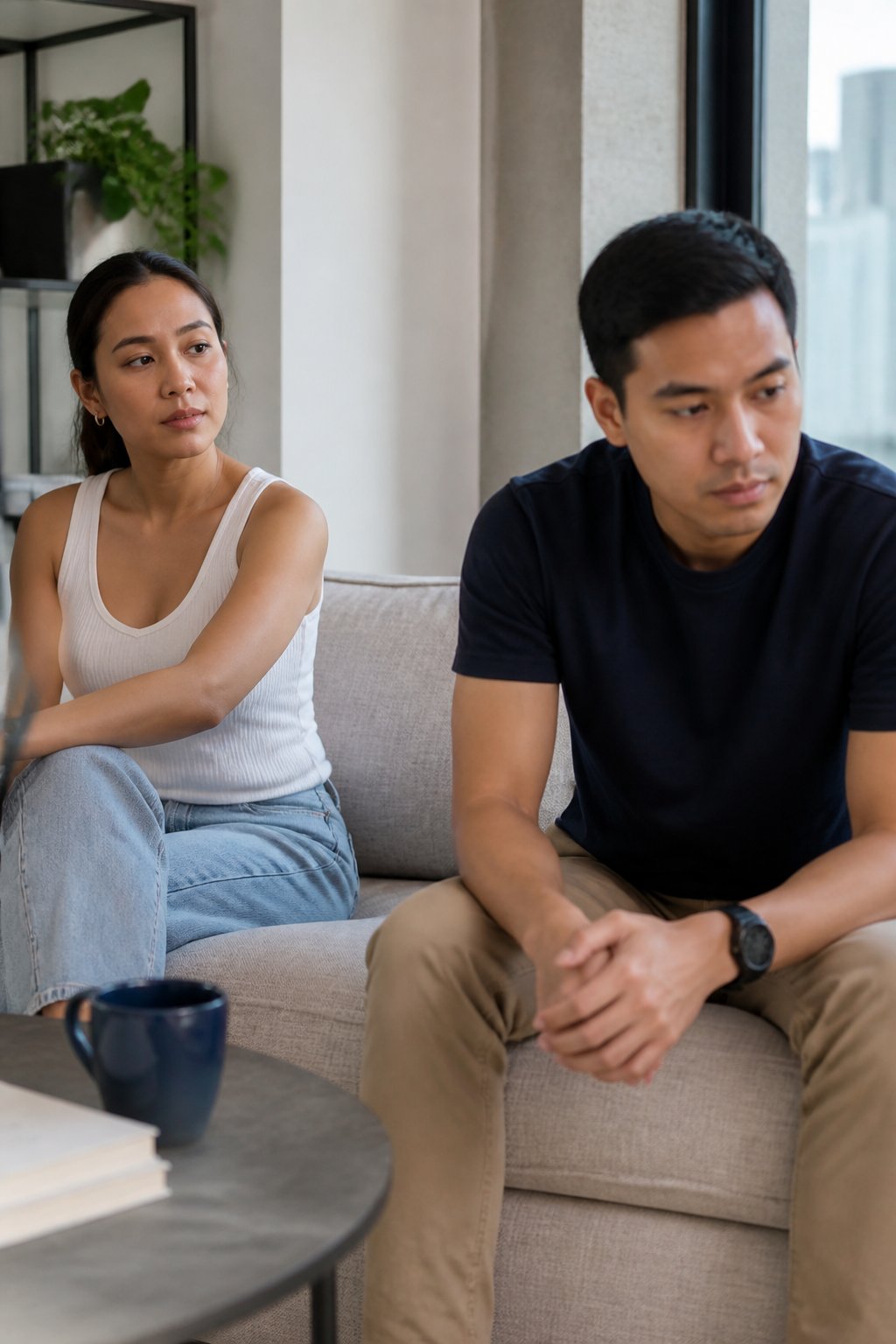 A couple sits together on a sofa with noticeable emotional distance between them.