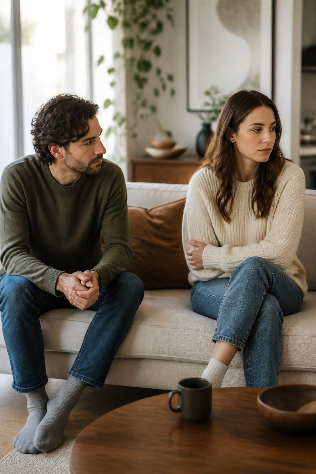 Two adults sit together on a sofa with space between them, one reaching toward connection while the other appears reserved.
