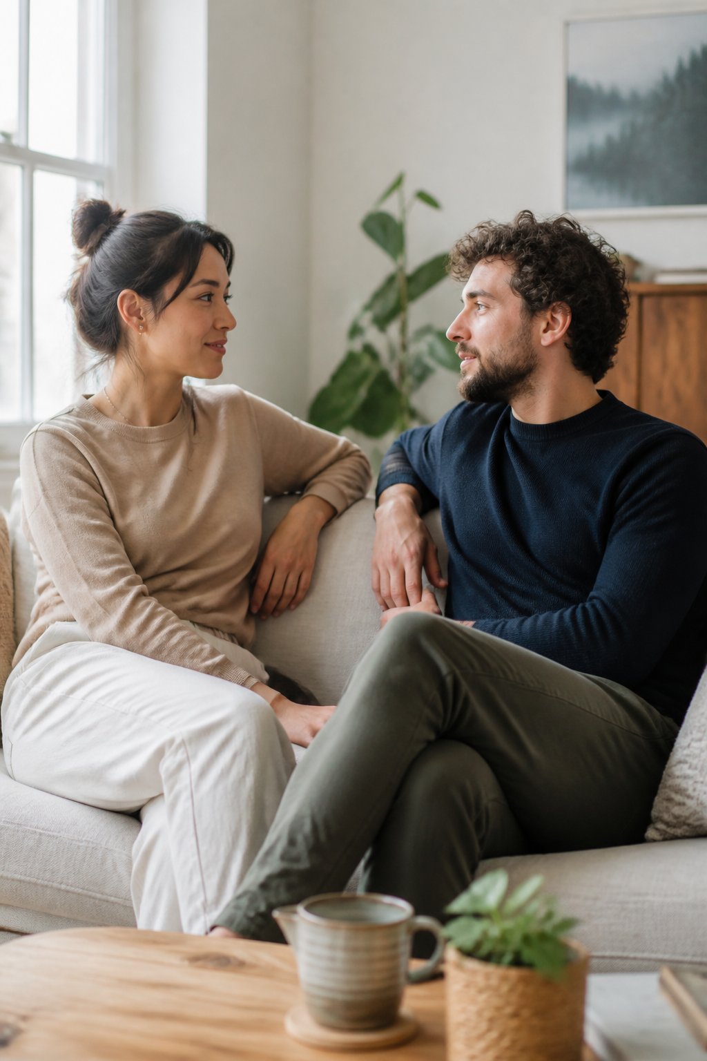 Two adults sit together in a bright living room, calmly talking and showing mutual attentiveness.