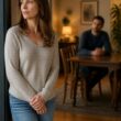 A woman pauses near a doorway while her husband sits quietly at a table, both appearing thoughtful and emotionally distant.
