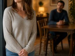 A woman pauses near a doorway while her husband sits quietly at a table, both appearing thoughtful and emotionally distant.
