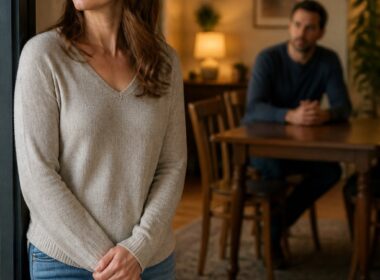 A woman pauses near a doorway while her husband sits quietly at a table, both appearing thoughtful and emotionally distant.