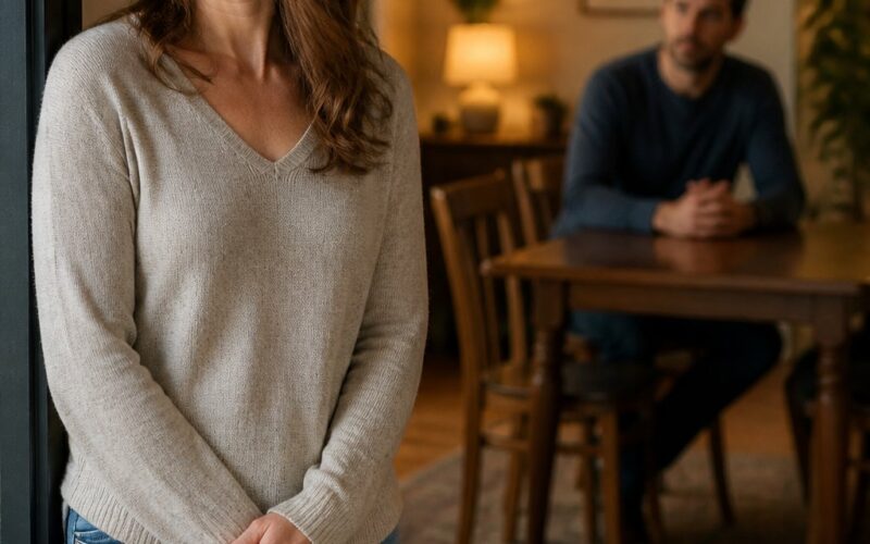 A woman pauses near a doorway while her husband sits quietly at a table, both appearing thoughtful and emotionally distant.