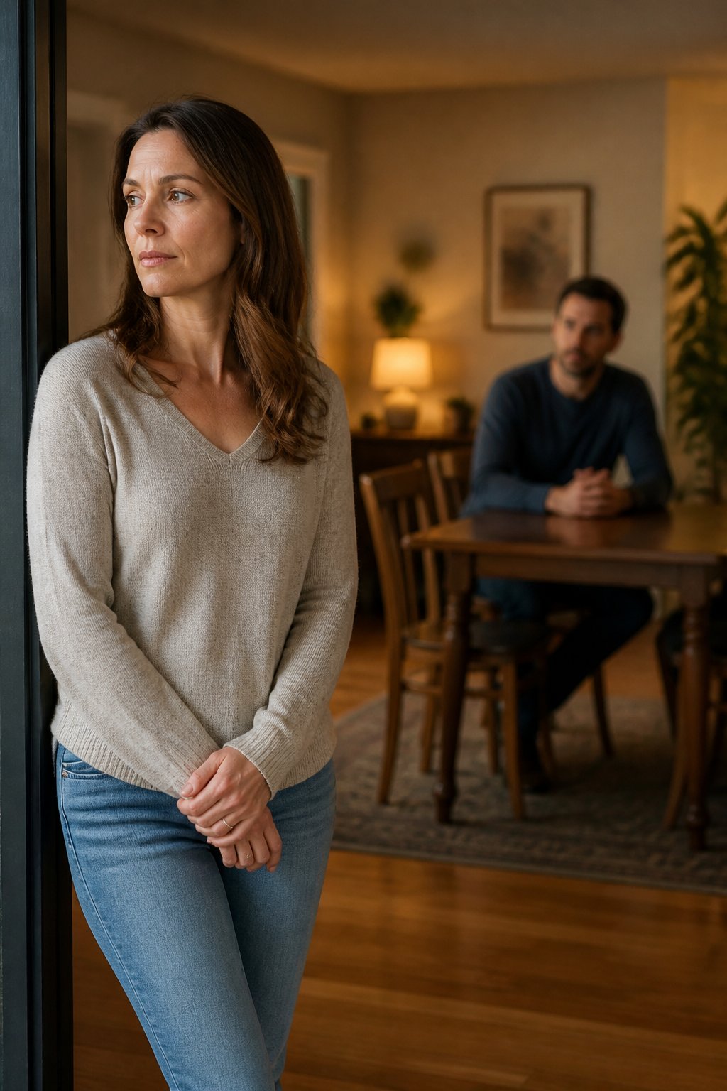 A woman pauses near a doorway while her husband sits quietly at a table, both appearing thoughtful and emotionally distant.