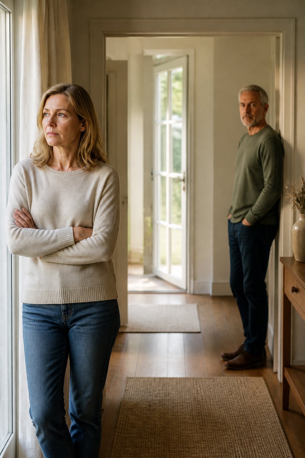 A married couple stands apart in a softly lit home, showing emotional distance alongside cautious hope.