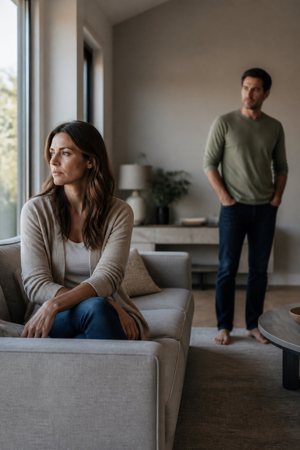 A married couple sits apart in a softly lit home, appearing thoughtful and emotionally distant.