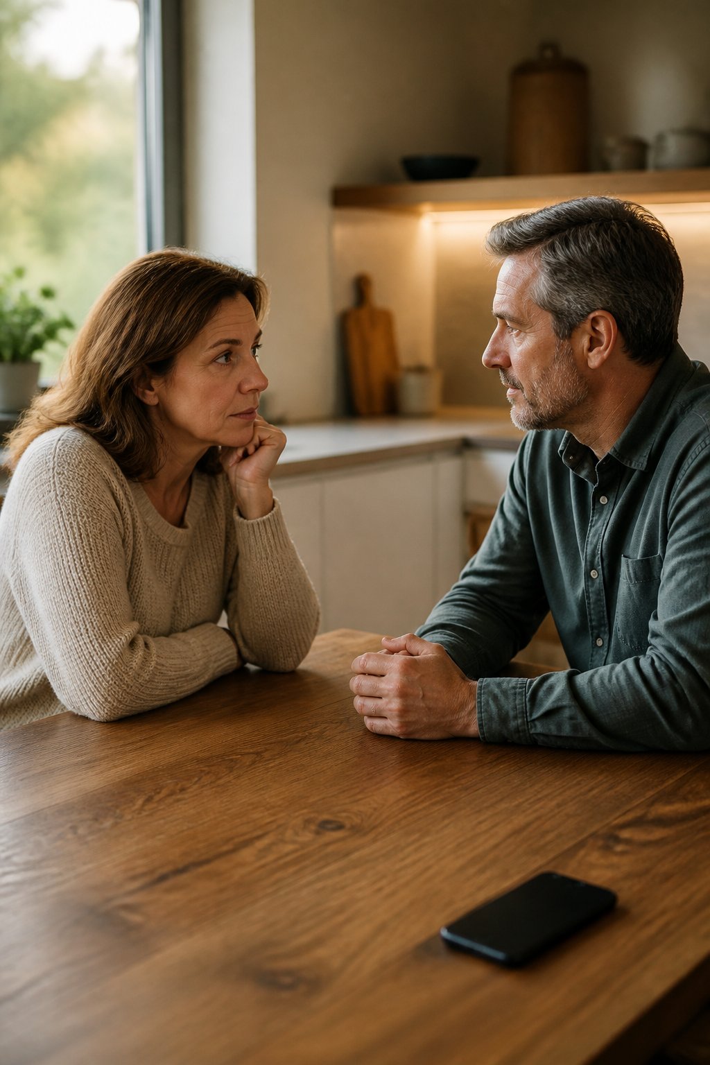 A married couple sits across from each other having a serious, thoughtful conversation at a kitchen table.