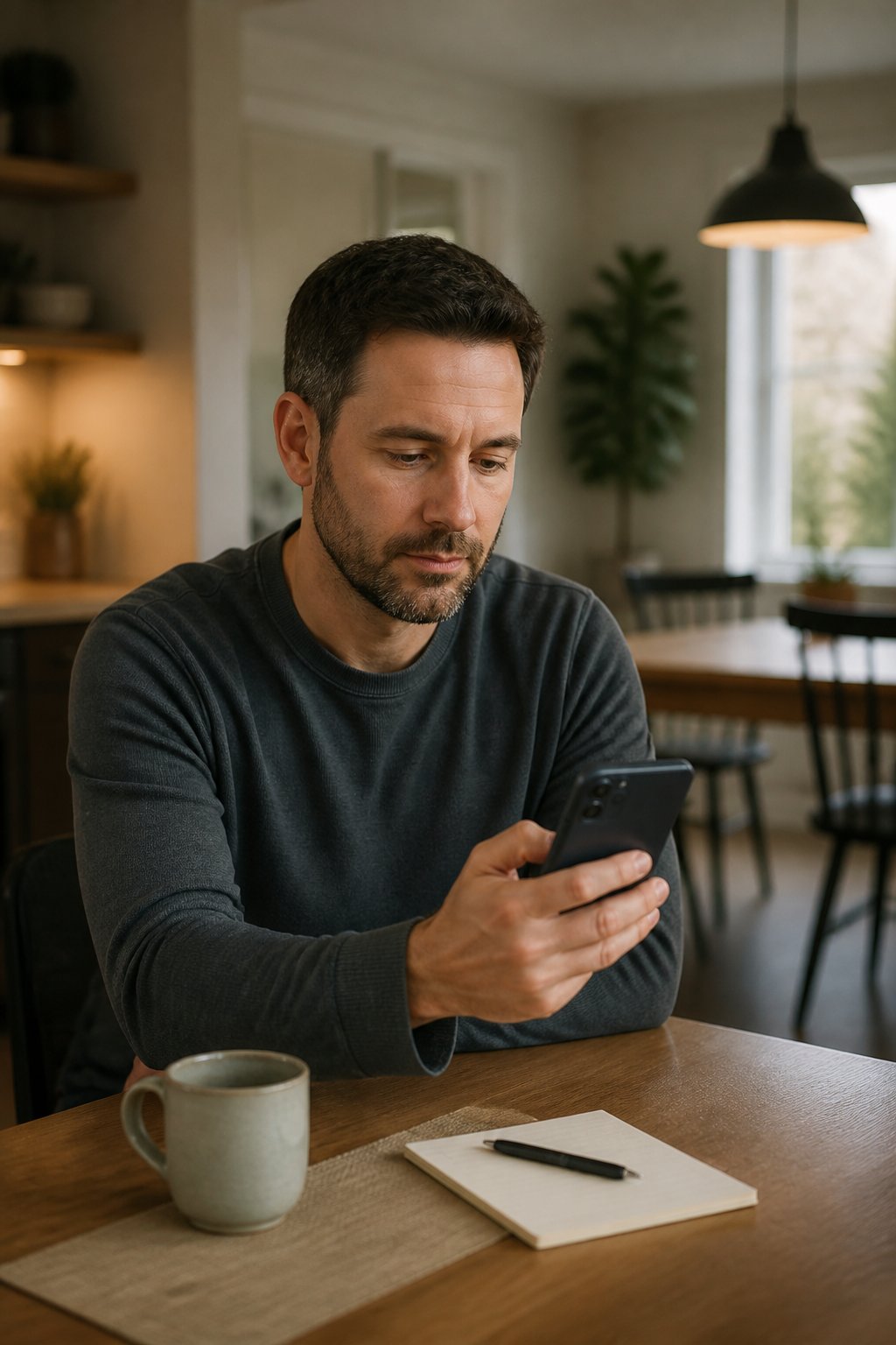 A thoughtful man looks at his phone while sitting at a kitchen table in a quiet home.